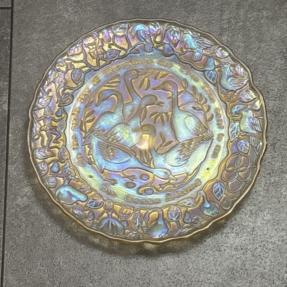Vtg Imperial Carnival Glass 12 Days Of Christmas Plate 6 Laying Geese Iridescent